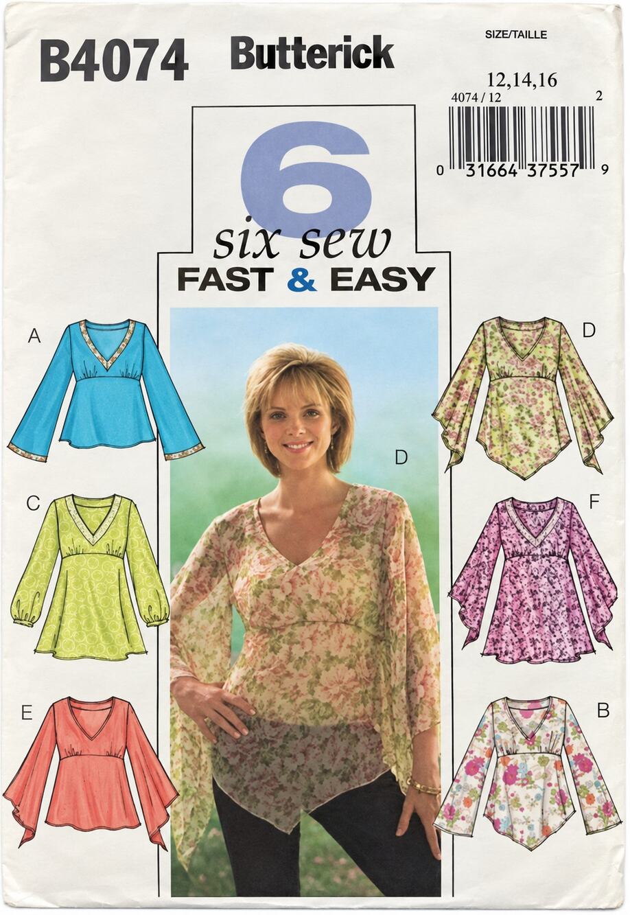 BUTTERICK Sewing Pattern B4074 EMPIRE TOP Handkerchief Hem Plus Size 12-16 Uncut